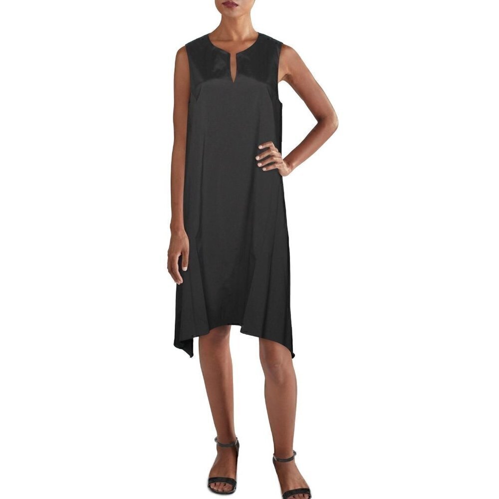 Alfani Sharkbite Hem Split Neck Shift Deco Breeze Dress in Deep Black Size Small